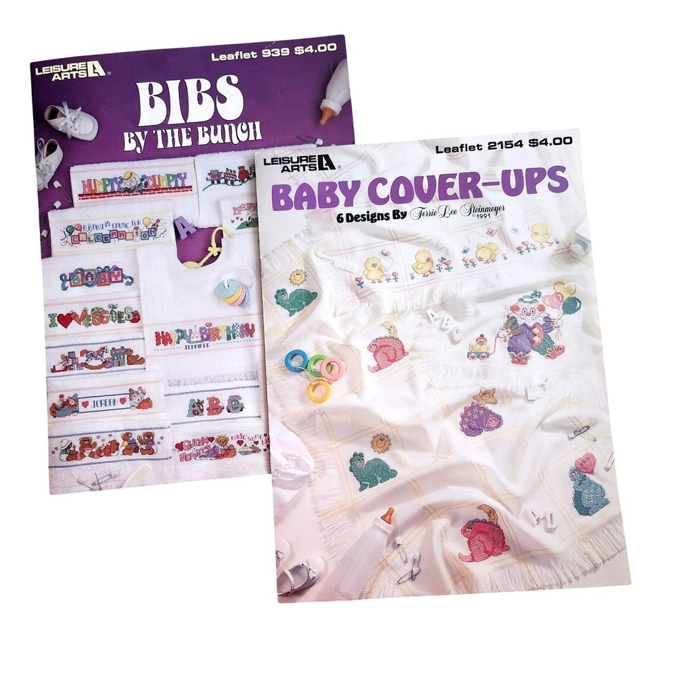 Leisure Arts Baby Cover-Ups and Bibs Cross Stitch 2 Booklets White Vintage 1991